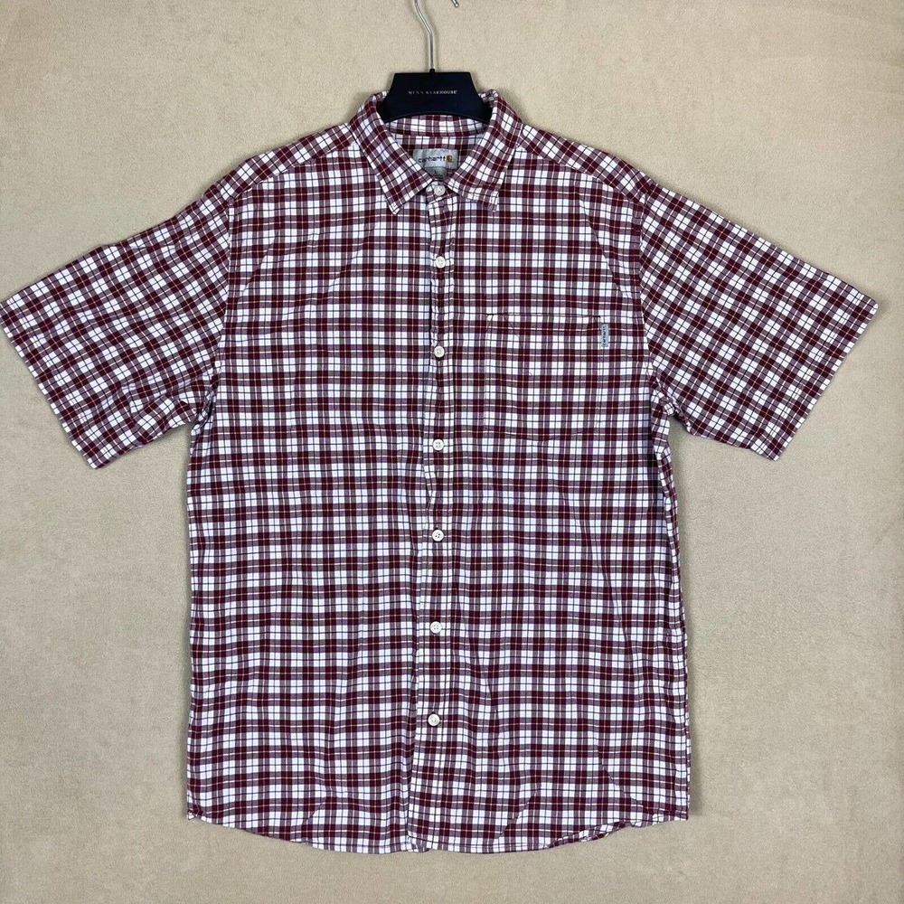 Carhartt Short Sleeve Button Up‎ Shirt Mens L Red Plaid Pocket 100% Cotton